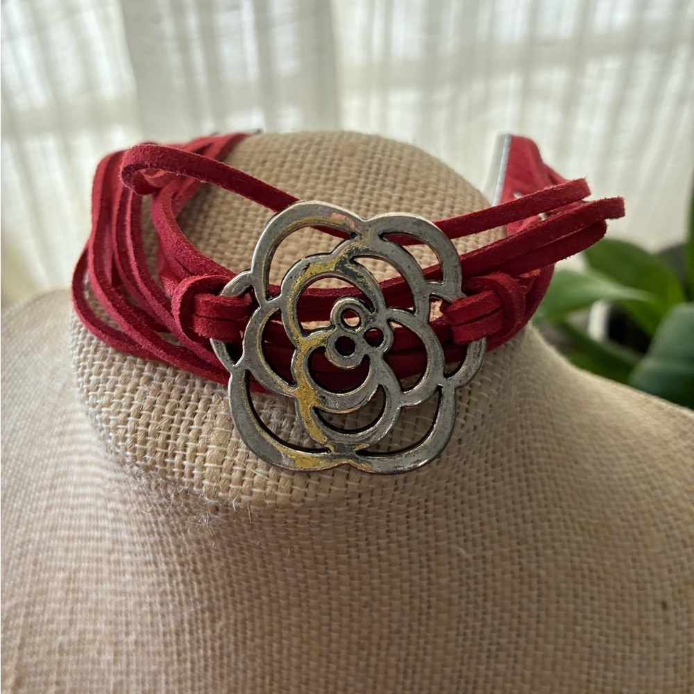 BOGO Red Suede Multi-Strand Bracelet with Floral Silver Accent
